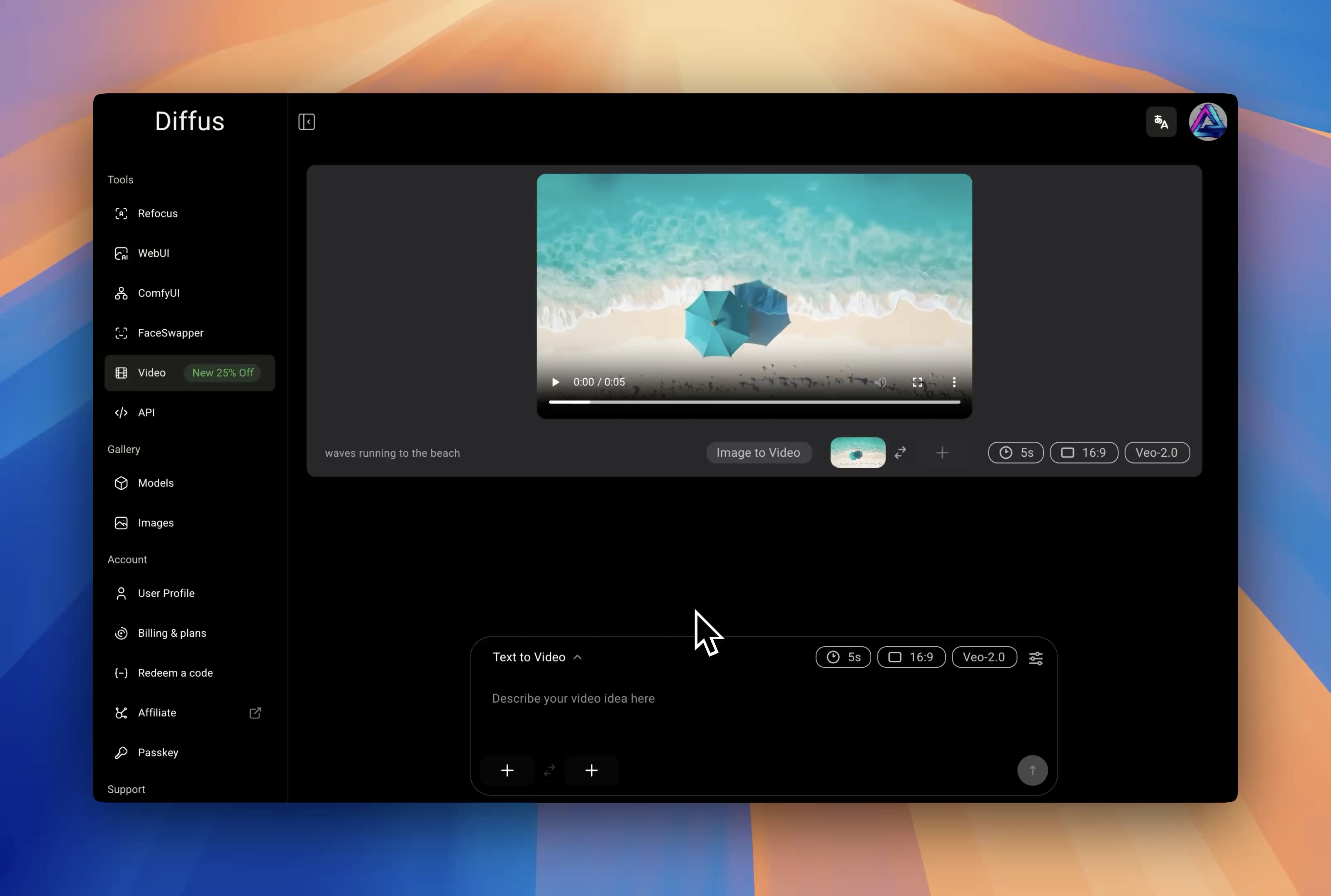 Demostración del generador de video IA Diffus